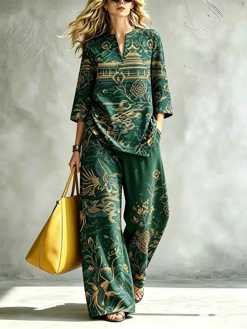 Women’s Elegant Stand Collar Top & Flowing Wide-Leg Pants Co-Ord