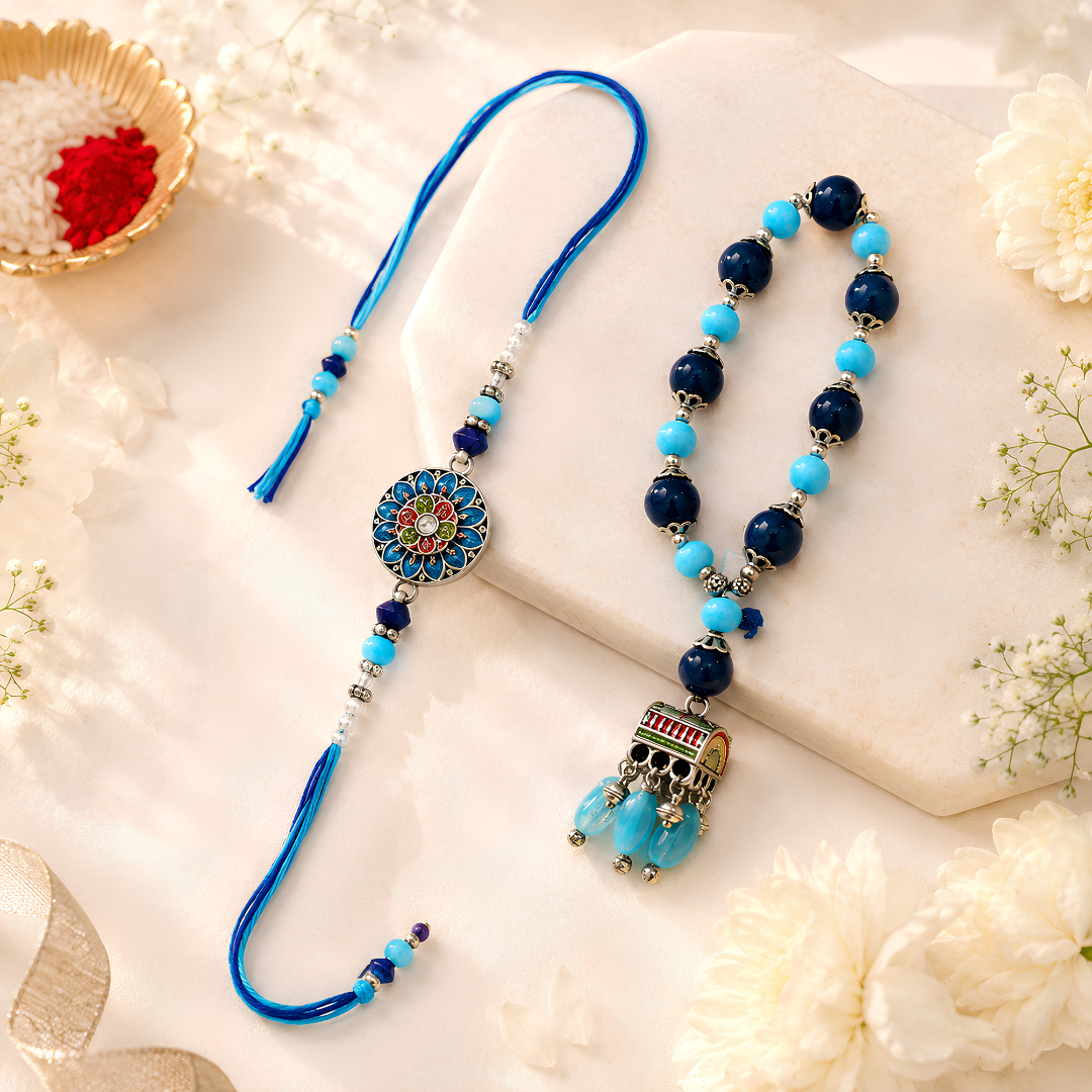 Premium Blue Beaded Rakhi Combo Set