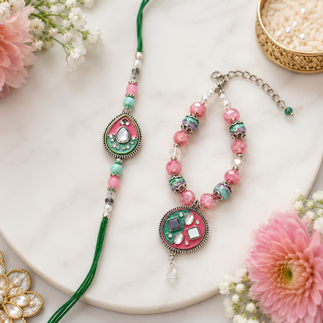 Premium Pink & Green Beaded Rakhi Combo Set