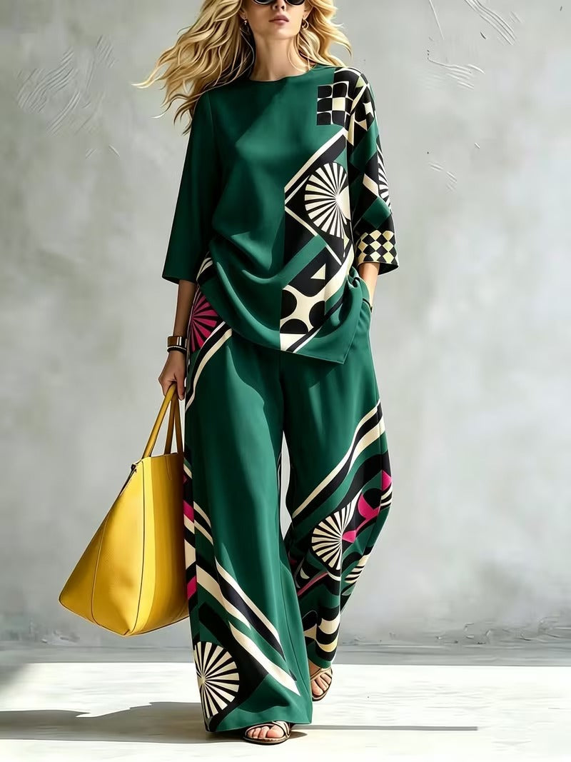 Women’s Casual Round Neck Top & Wide-Leg Pants Set