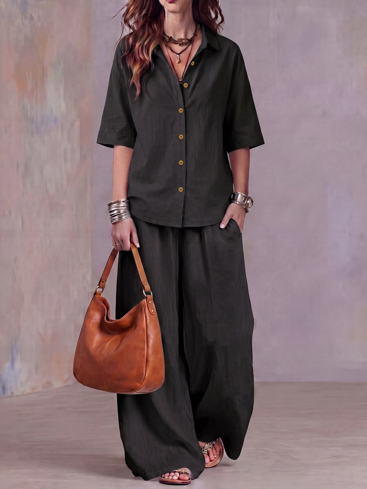Women’s Lightweight Lapel Top & Elastic-Waist Wide-Leg Pants Set