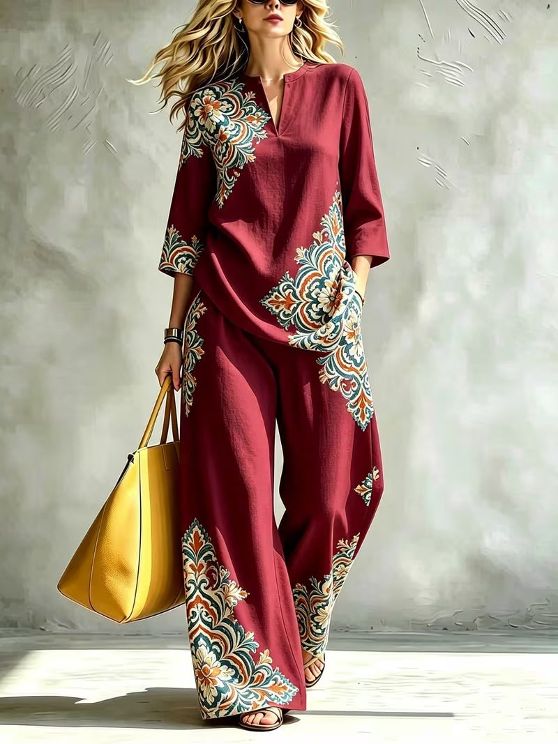 Women’s Exotic Floral Top & Wide-Leg Pants Co-Ord