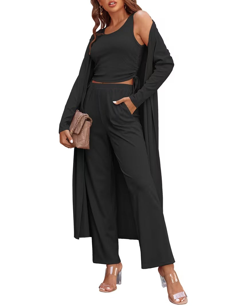 Women’s Long Sleeve Knit Cardigan, Top & Pants Pajama Set
