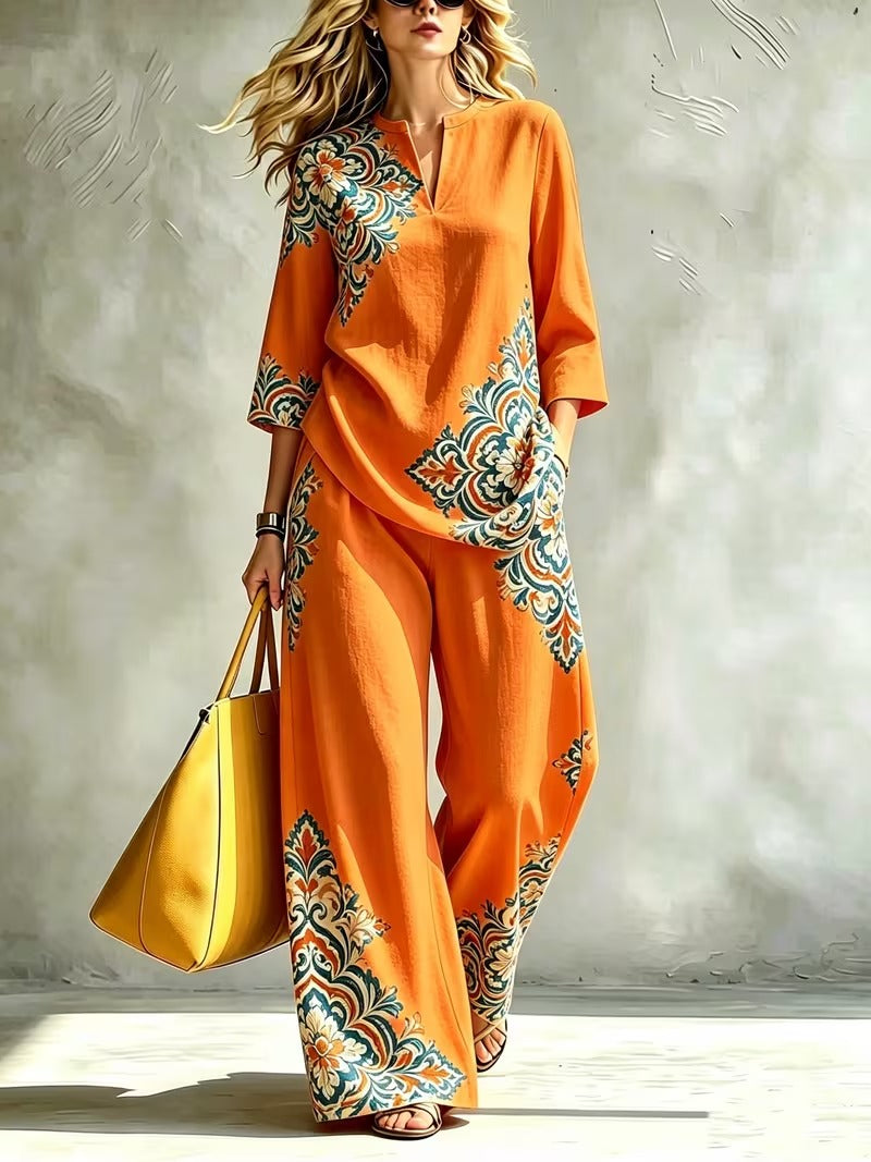 Women’s Exotic Floral Top & Wide-Leg Pants Co-Ord