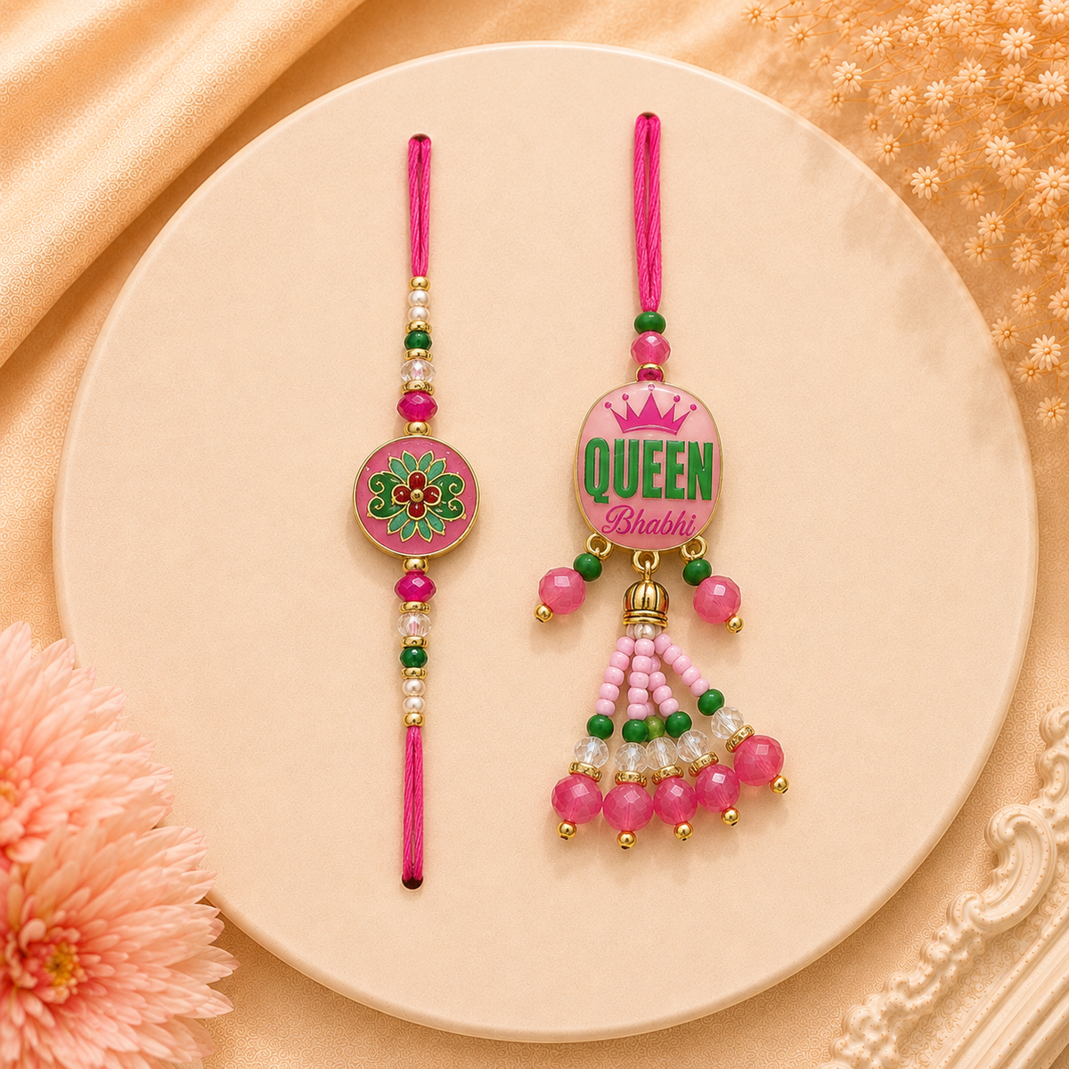 Pink Queen Bhabhi Rakhi & Bhai Rakhi Set