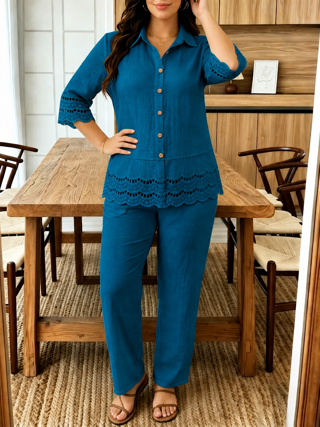 Plus Size Women’s Lace Patchwork Blouse & Wide-Leg Pants Co-Ord Outfit