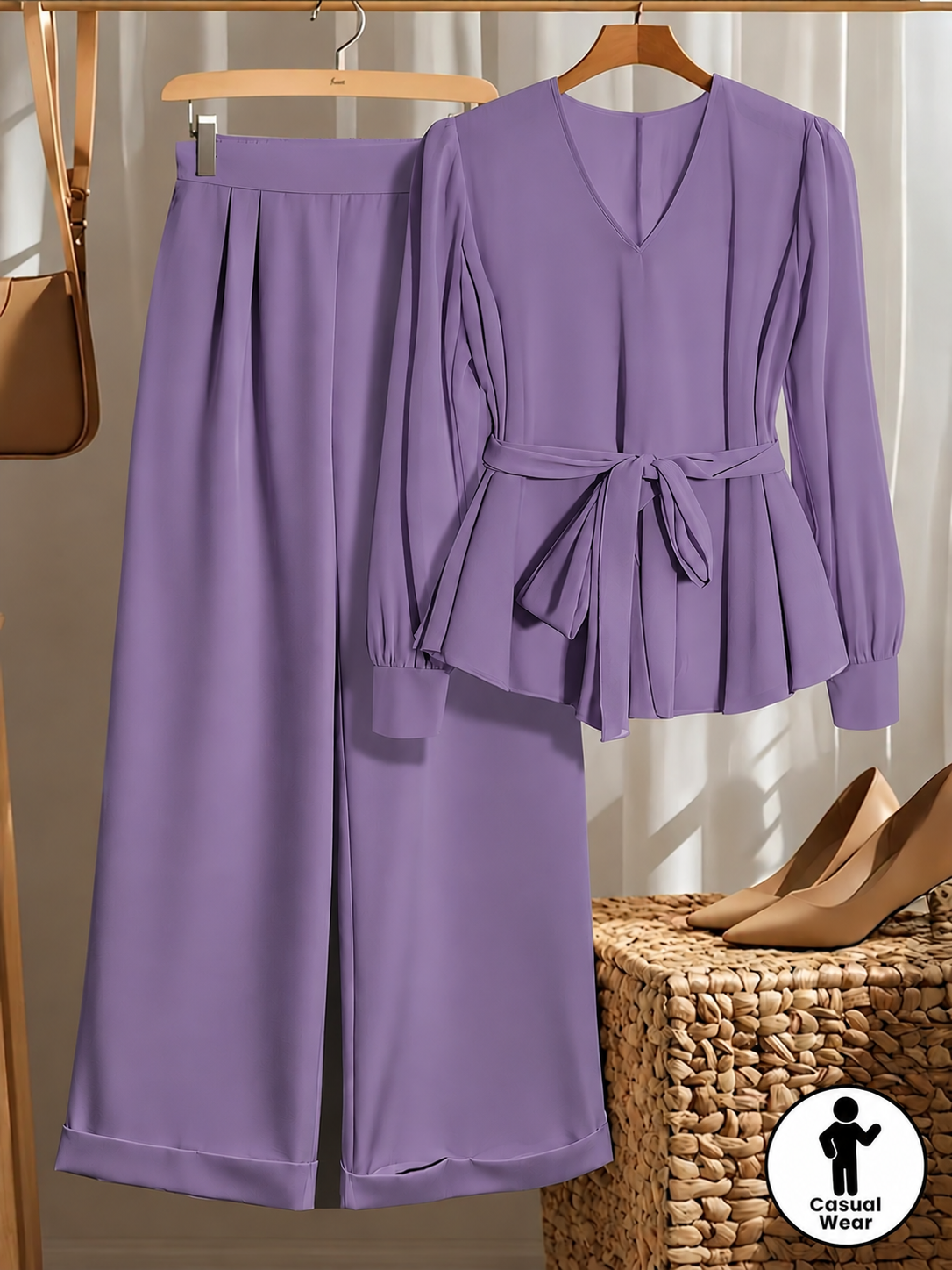 Plus Size Women’s Fashionable Lace-Up Waist Blouse & Casual Trousers Outfit