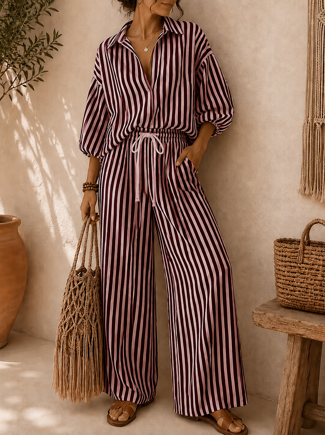 Women’s Striped Lapel Shirt & Relaxed Pants Co-Ord Set