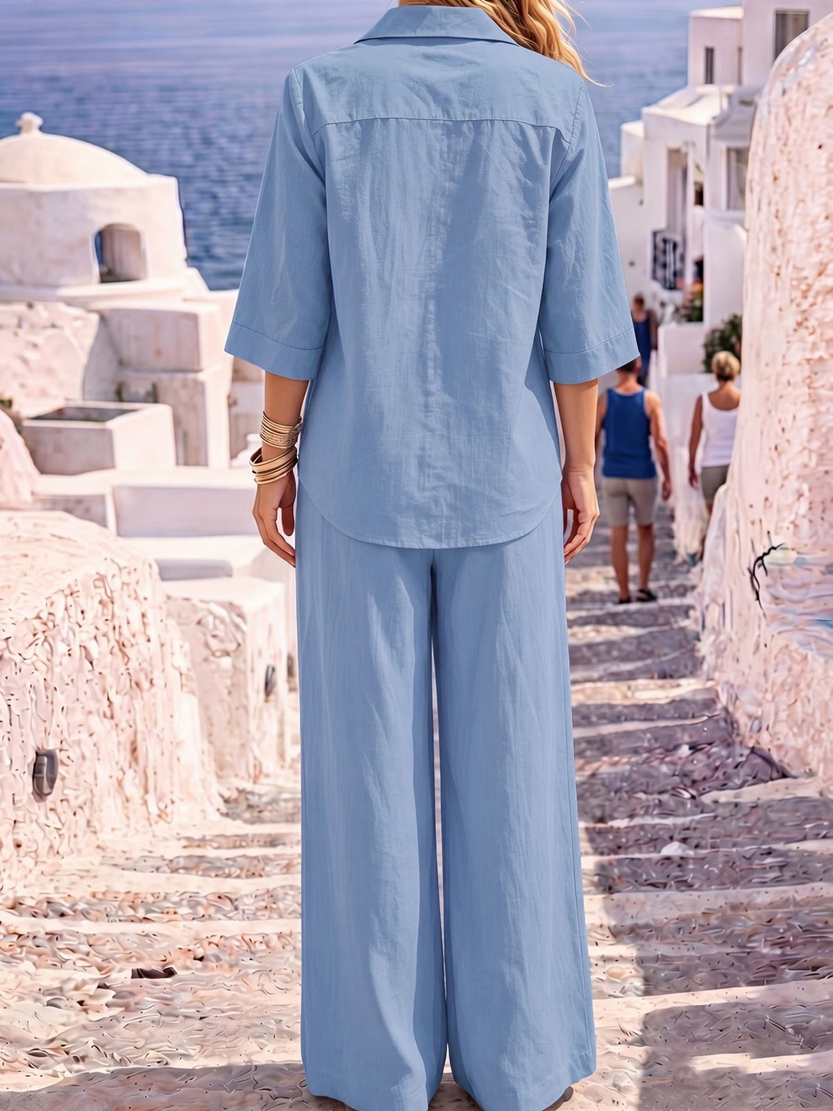Women’s Casual Chic Blazer-Collar Shirt & Wide-Leg Pants Co-Ord