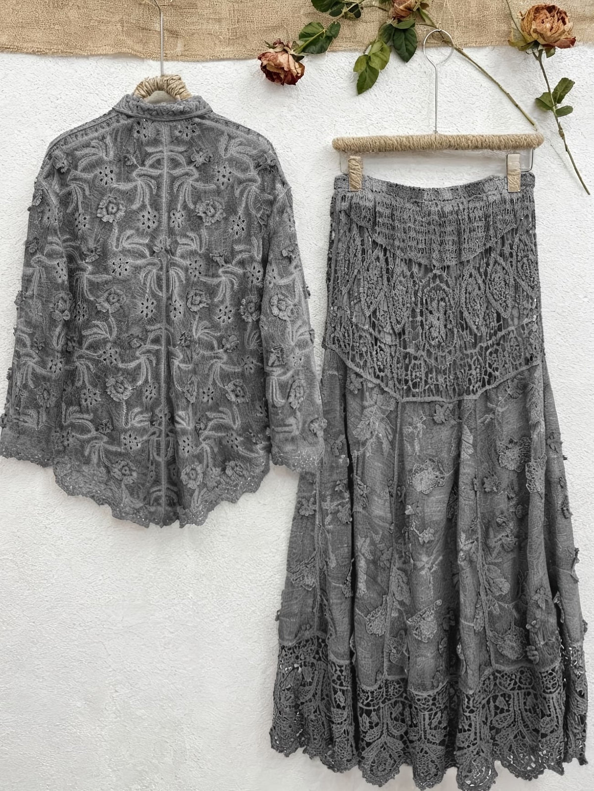 Women's Elegant Embroidered Shirt & Midi Skirt Co-Ord Set