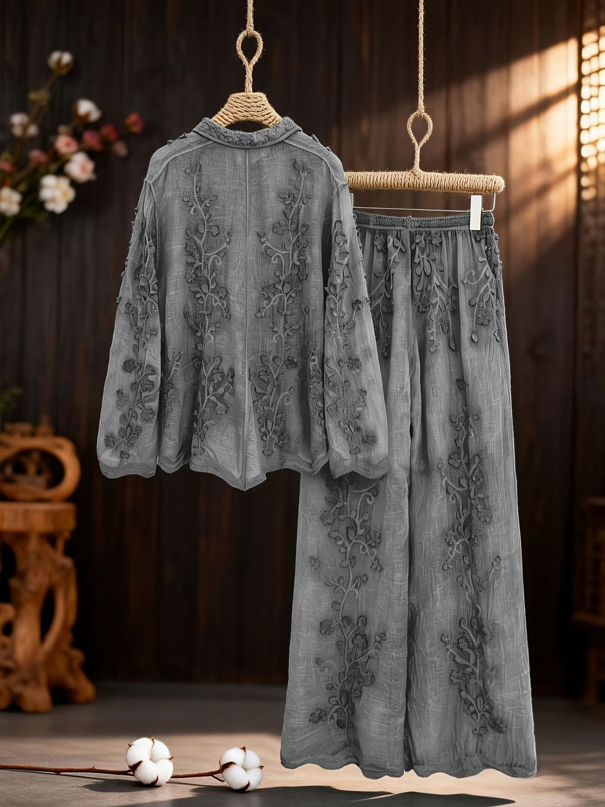Women's Elegant Embroidered Shirt & Midi Skirt Co-Ord Set