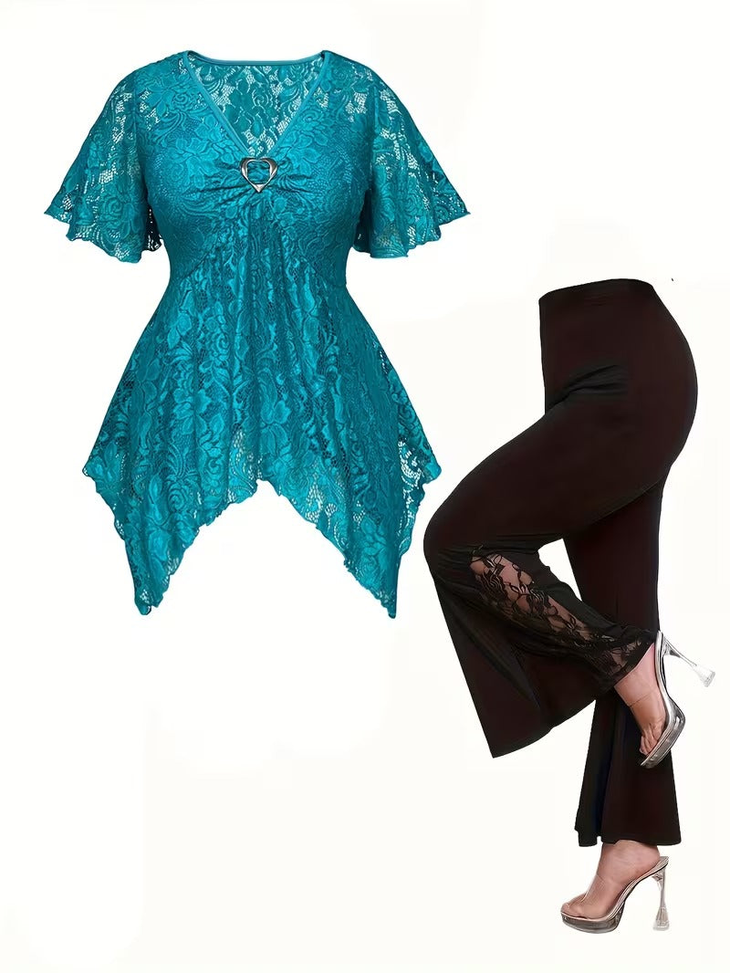 Plus Size Women's Chic Lace Patchwork Jacket & Pants Co-Ord Set