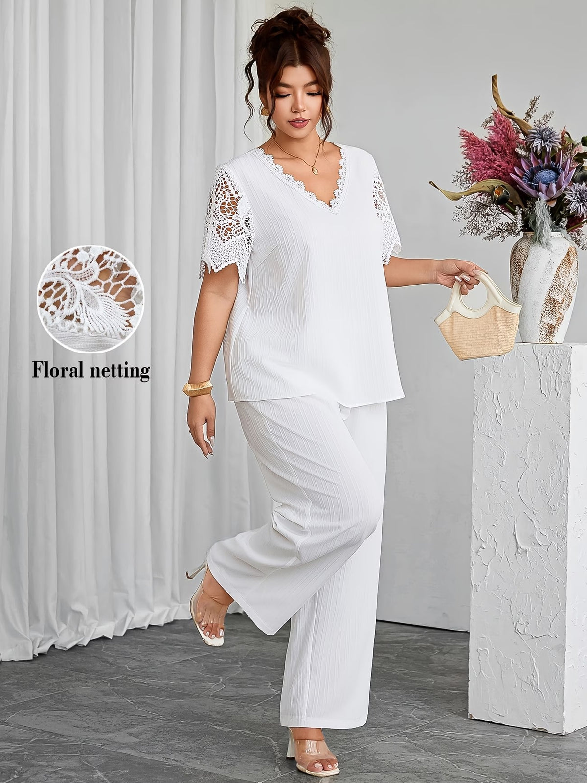 Plus Size Women's Hollow Lace Sleeve Top & Pants Set