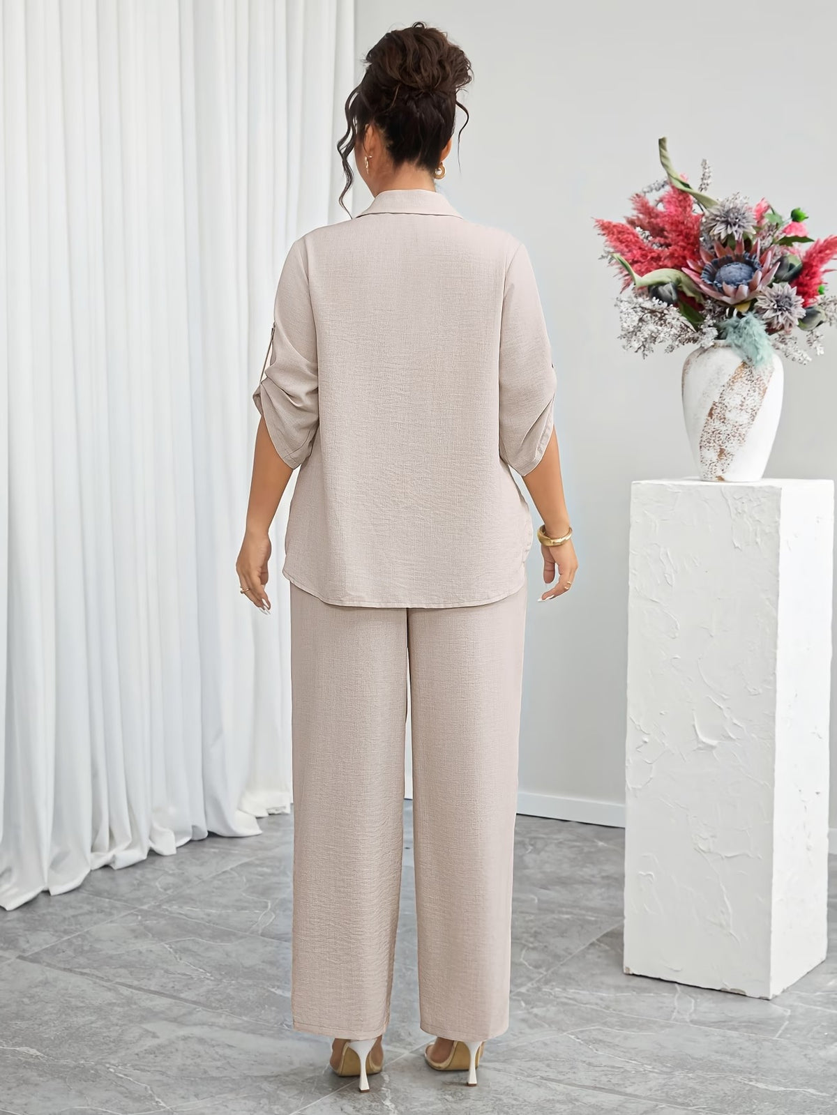 Plus Size Women's Lace Patchwork Lapel Shirt & Wide-Leg Pants Co-Ord Set