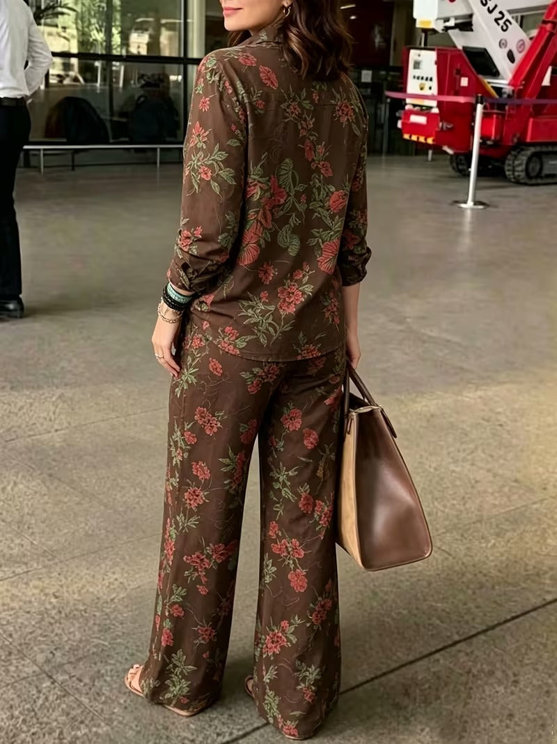 Women’s Vintage-Inspired Floral Shirt & Wide-Leg Pants Set
