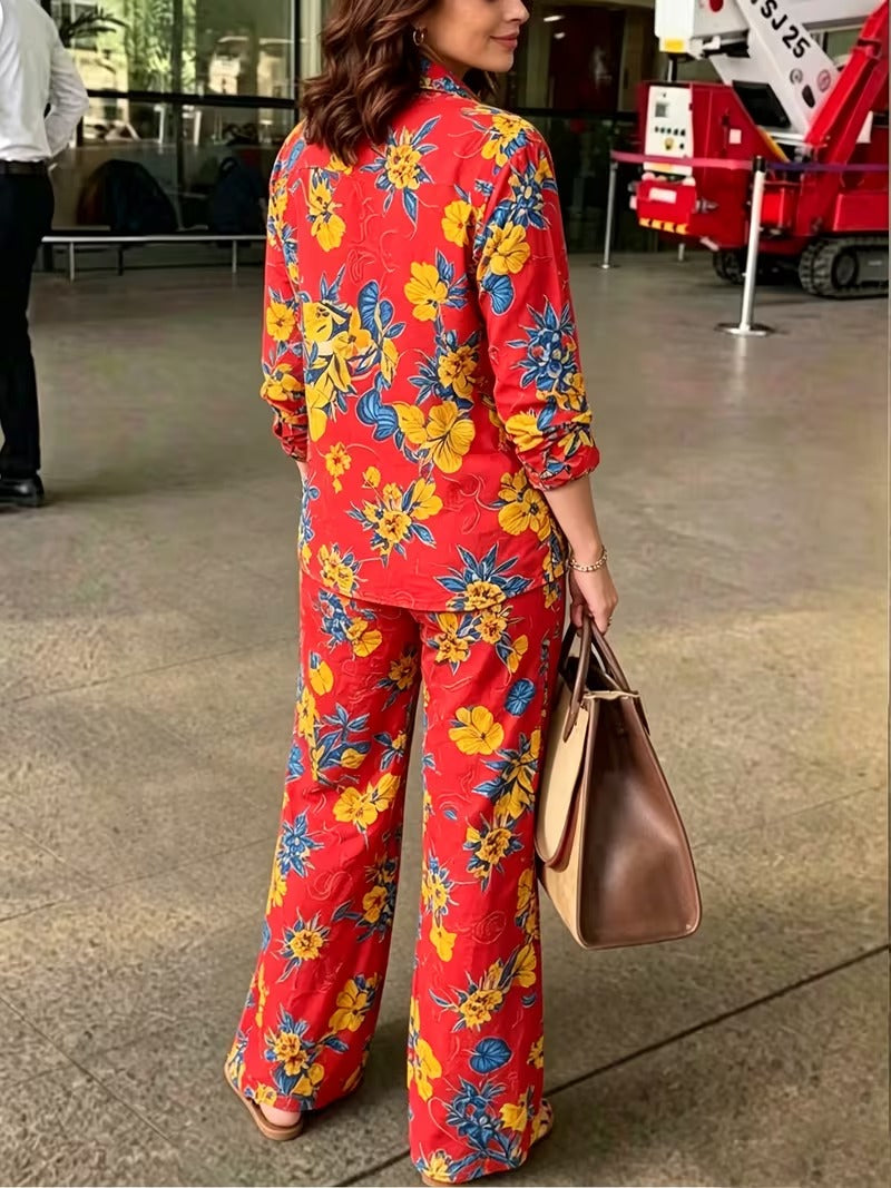 Women’s Vintage-Inspired Floral Shirt & Wide-Leg Pants Set