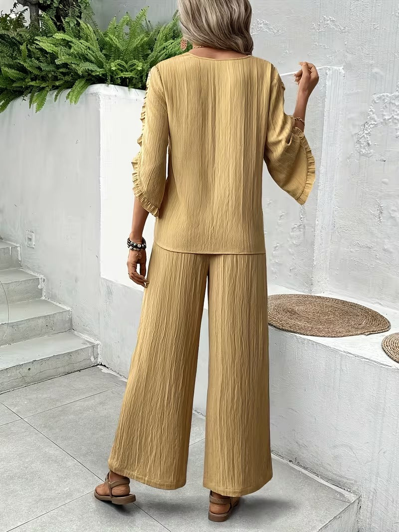 Women’s Elegant Ruffle Trim Loose-Fit Spring Summer Set