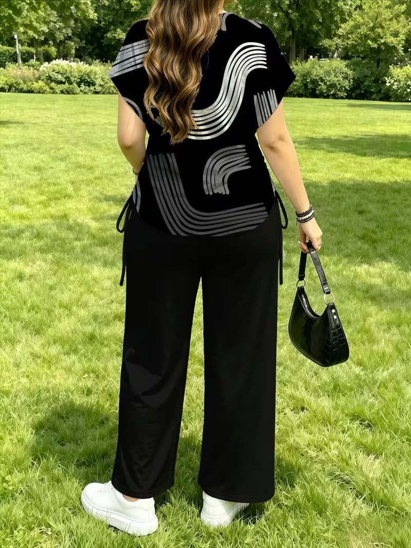 Women’s Stylish Print Short Sleeve Top & Wide-Leg Pants Matching Set