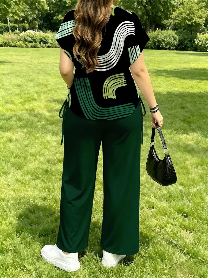 Women’s Stylish Print Short Sleeve Top & Wide-Leg Pants Matching Set