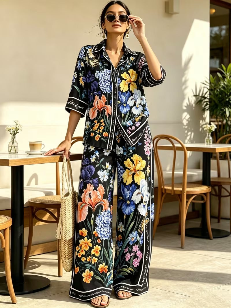 Women’s Vintage-Inspired Shirt & Wide-Leg Pants Co-Ord