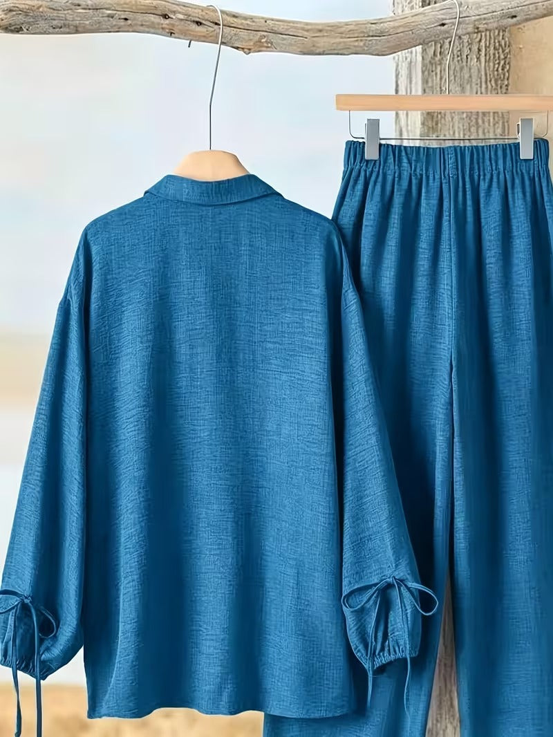 Women’s Long Sleeve Button Shirt & Wide-Leg Pants Set