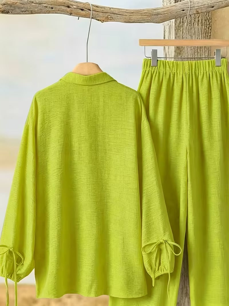 Women’s Long Sleeve Button Shirt & Wide-Leg Pants Set