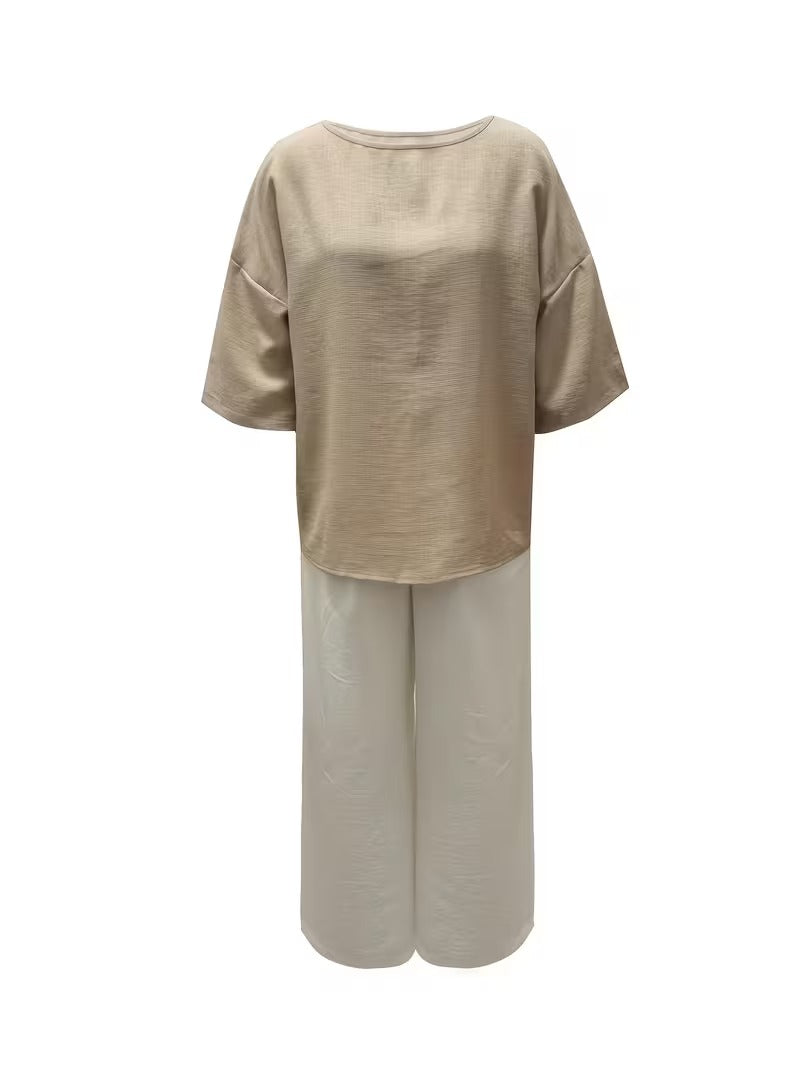 Women’s Boho Round-Neck Top & Wide-Leg Pants Set