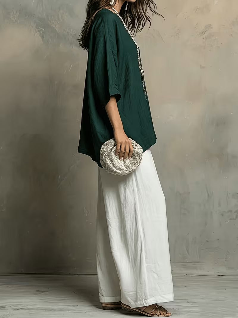Women’s Boho Round-Neck Top & Wide-Leg Pants Set