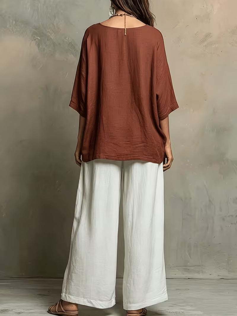 Women’s Boho Round-Neck Top & Wide-Leg Pants Set