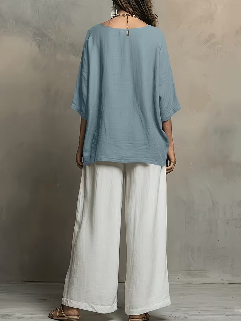 Women’s Boho Round-Neck Top & Wide-Leg Pants Set
