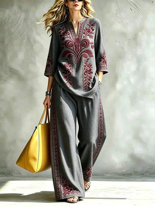 Women’s Retro Floral Loose Top & Wide-Leg Pants Set