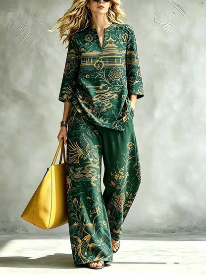 Women’s Elegant Stand Collar Top & Flowing Wide-Leg Pants Co-Ord