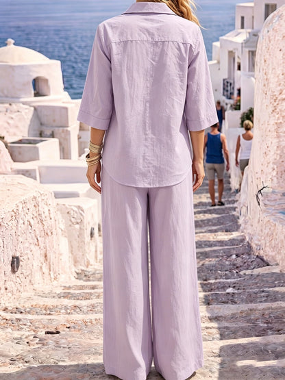 Women’s Casual Chic Blazer-Collar Shirt & Wide-Leg Pants Co-Ord