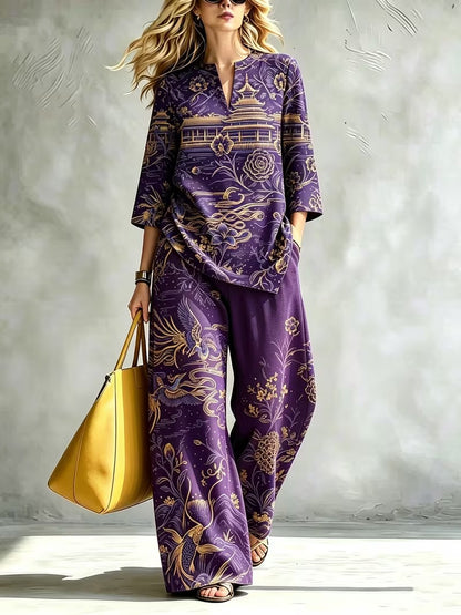 Women’s Elegant Stand Collar Top & Flowing Wide-Leg Pants Co-Ord