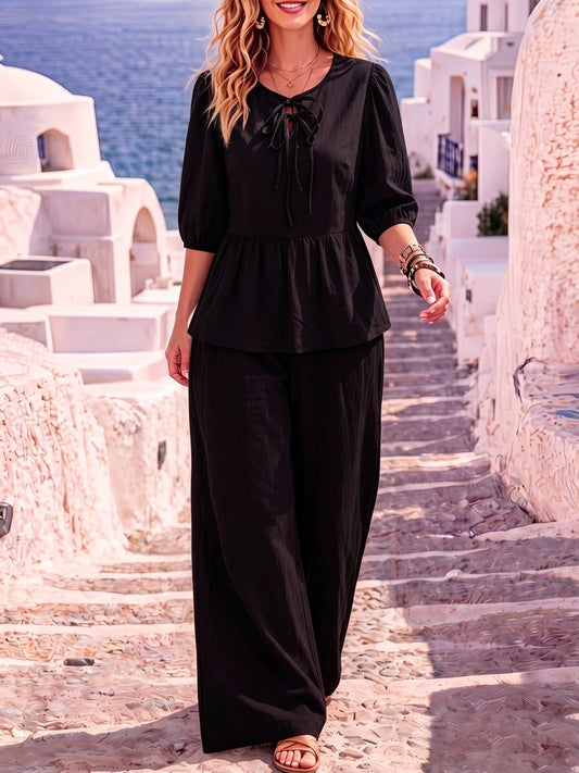 Women’s Elegant Tie-Bow Shirt & Pocket Wide-Leg Pants 2-Piece Set