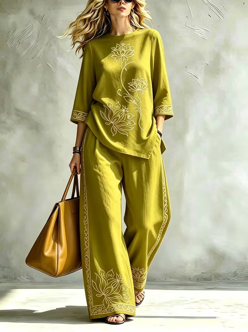 Women’s Lotus Print Round-Neck Top & Wide-Leg Pants Set