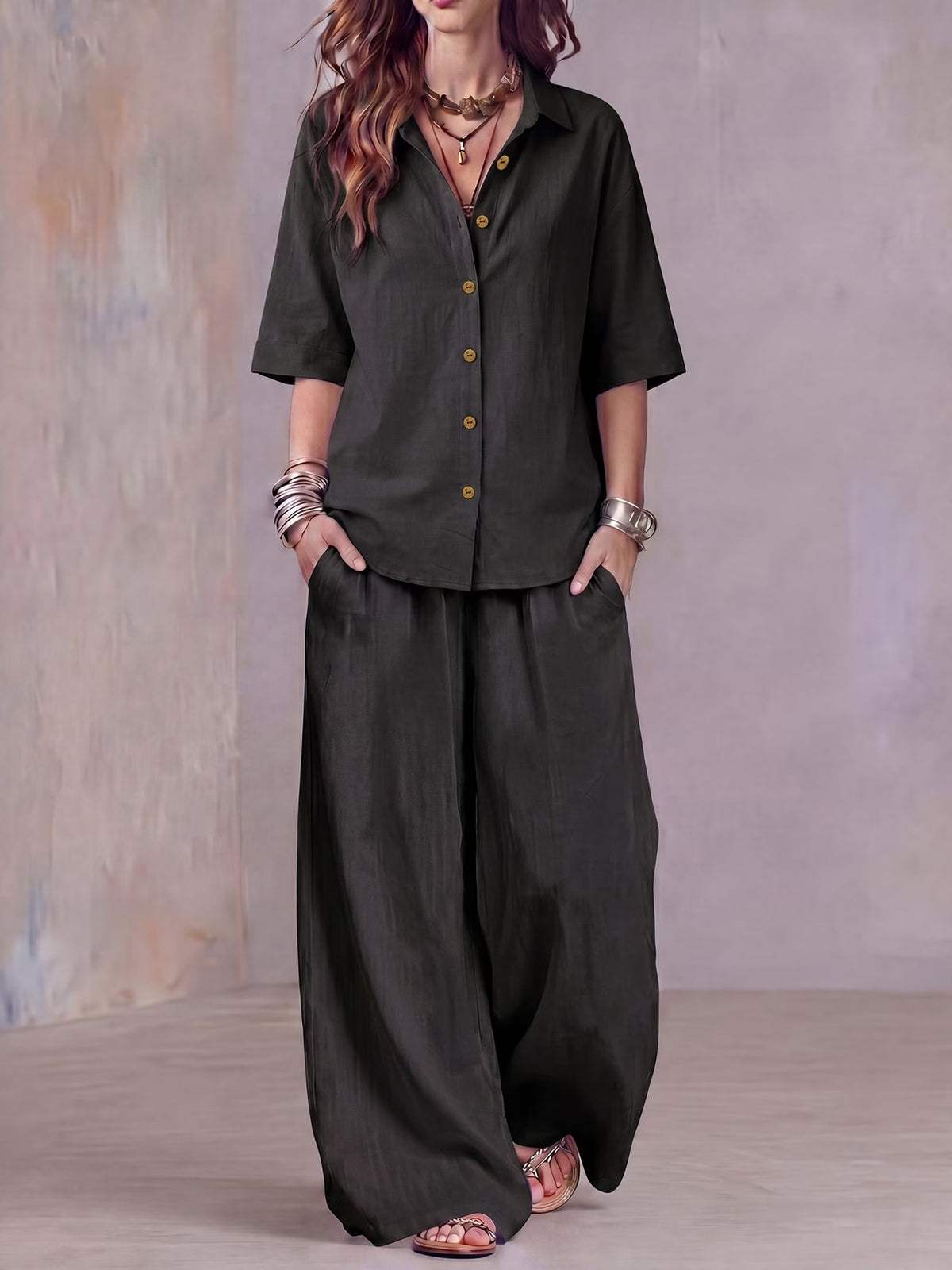 Women’s Lightweight Lapel Top & Elastic-Waist Wide-Leg Pants Set