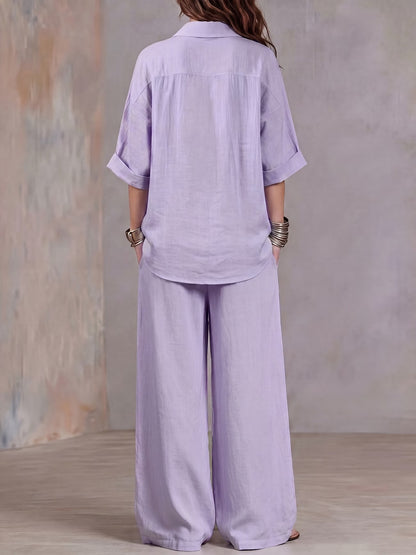 Women’s Lightweight Lapel Top & Elastic-Waist Wide-Leg Pants Set