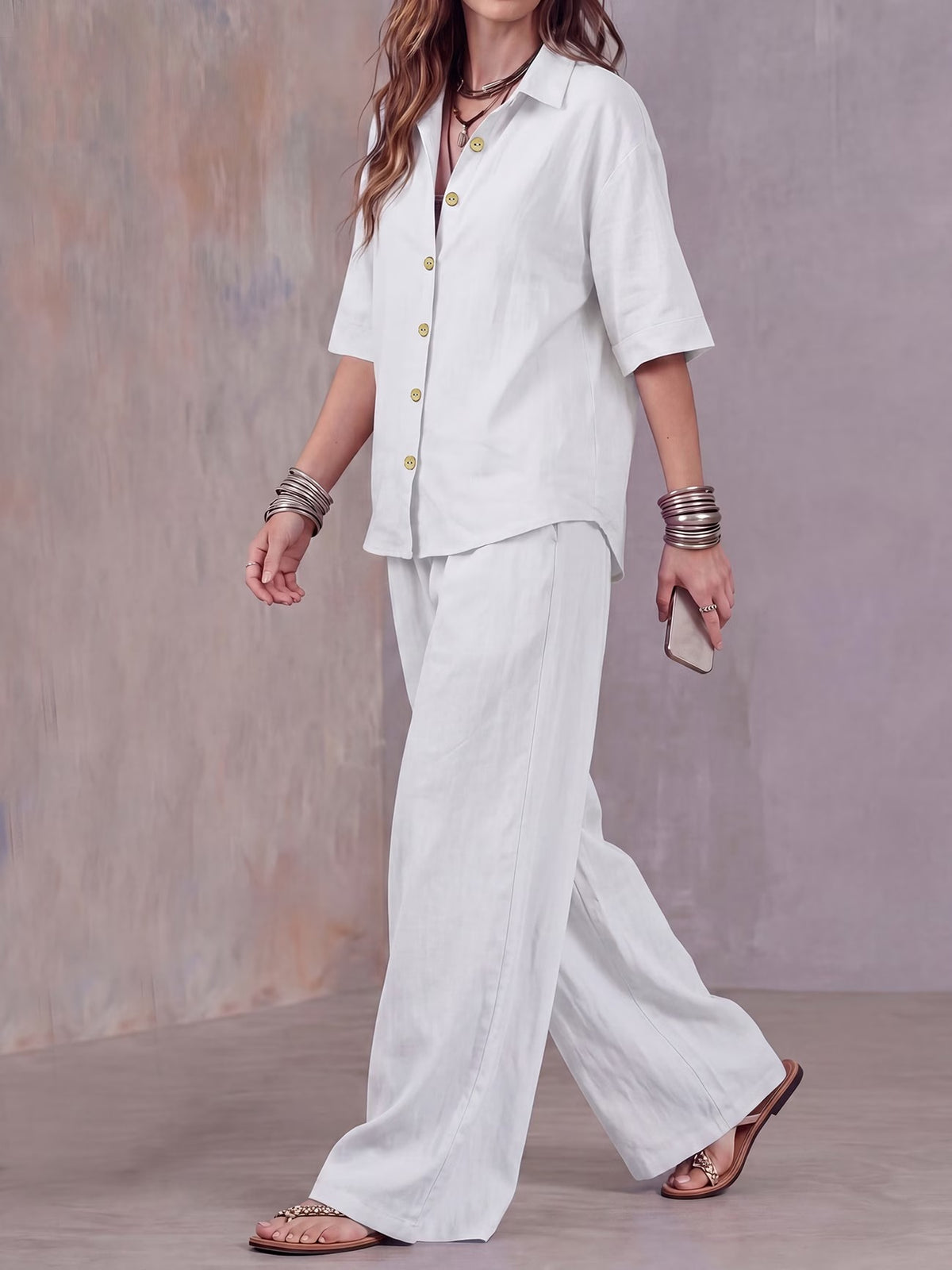 Women’s Lightweight Lapel Top & Elastic-Waist Wide-Leg Pants Set