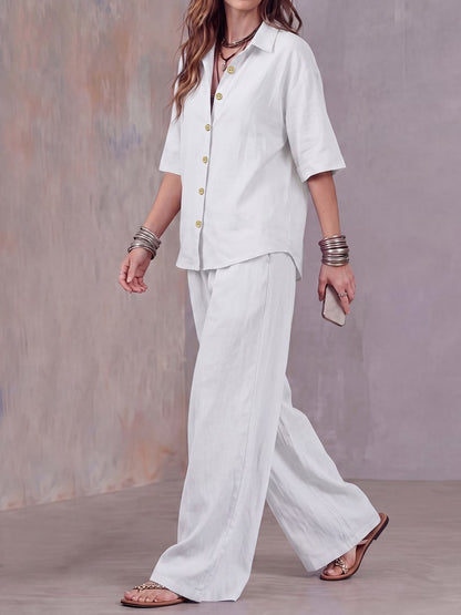 Women’s Lightweight Lapel Top & Elastic-Waist Wide-Leg Pants Set