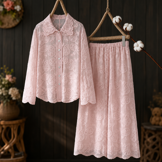 Women’s Artistic Embroidered Wavy-Hem Shirt & Straight-Leg Pants Outfit