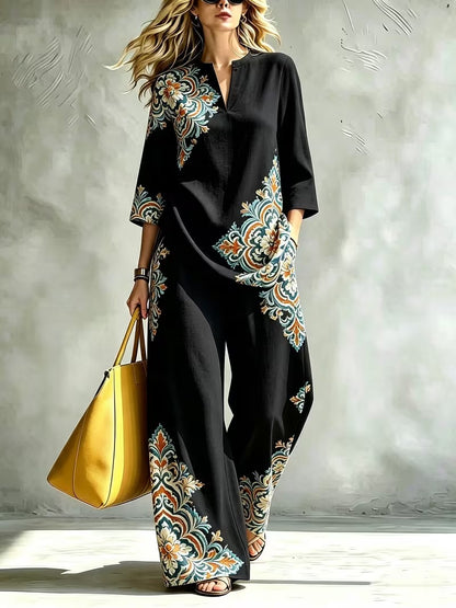 Women’s Exotic Floral Top & Wide-Leg Pants Co-Ord