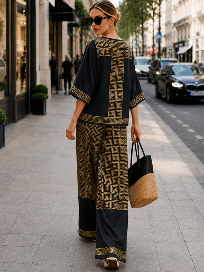 Women’s Boho Paisley Print Batwing Top & Wide-Leg Pants Co-Ord