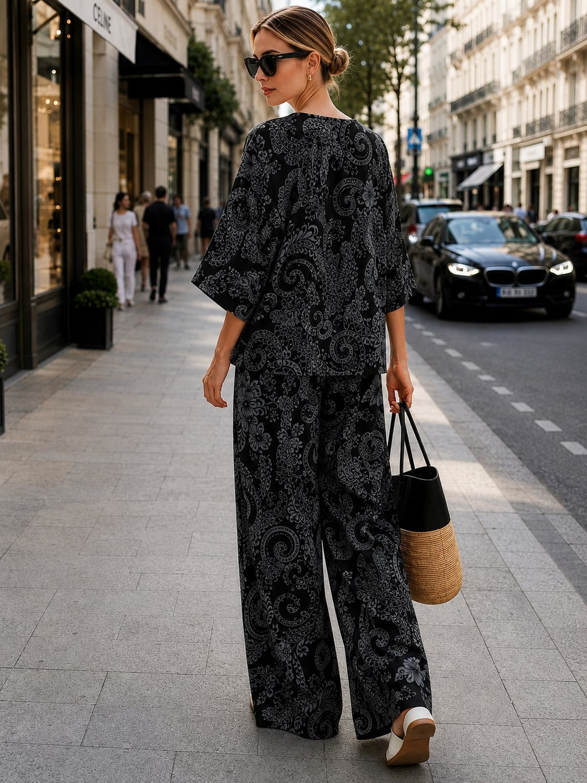 Women’s Boho Paisley Print Batwing Top & Wide-Leg Pants Co-Ord