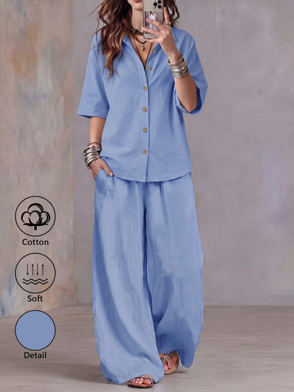 Women’s Lightweight Lapel Top & Elastic-Waist Wide-Leg Pants Set