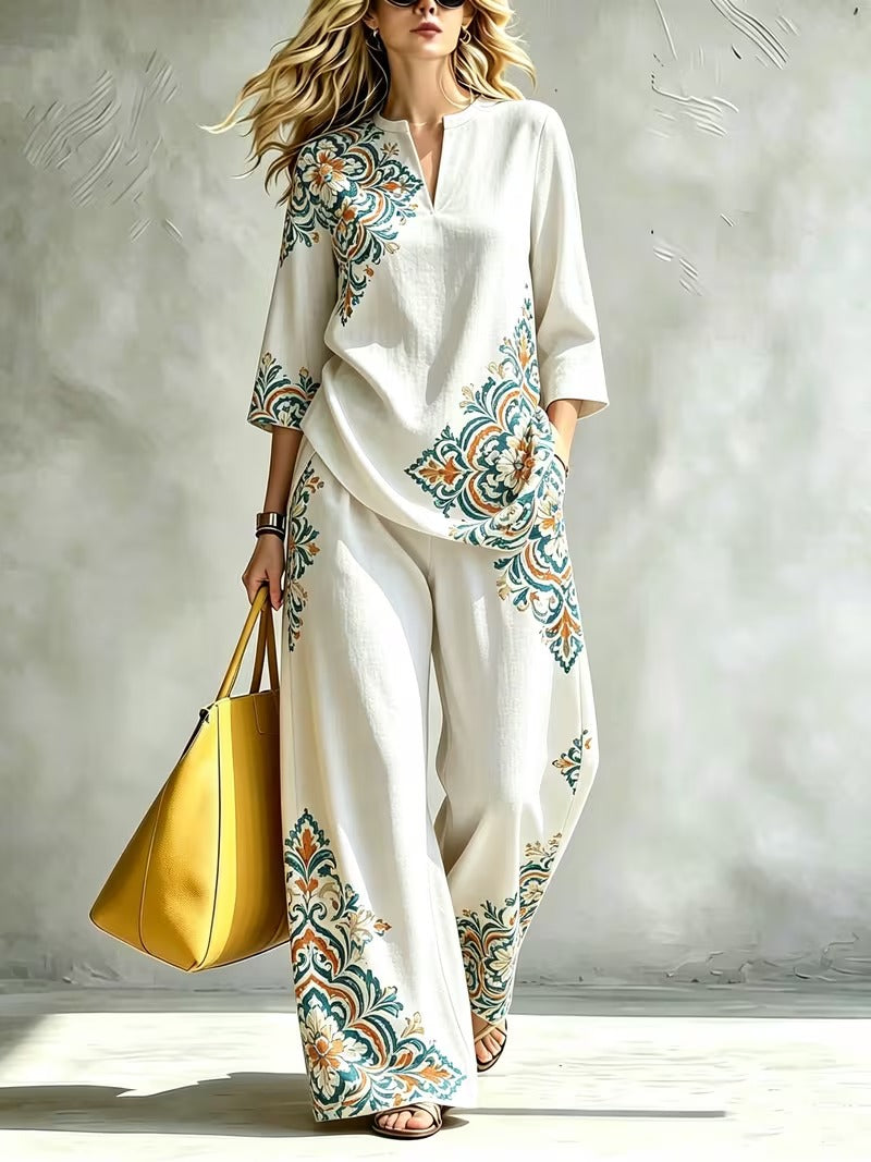 Women’s Exotic Floral Top & Wide-Leg Pants Co-Ord