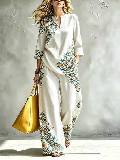 Women’s Exotic Floral Top & Wide-Leg Pants Co-Ord