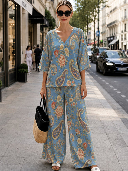 Women’s Boho Paisley Print Batwing Top & Wide-Leg Pants Co-Ord