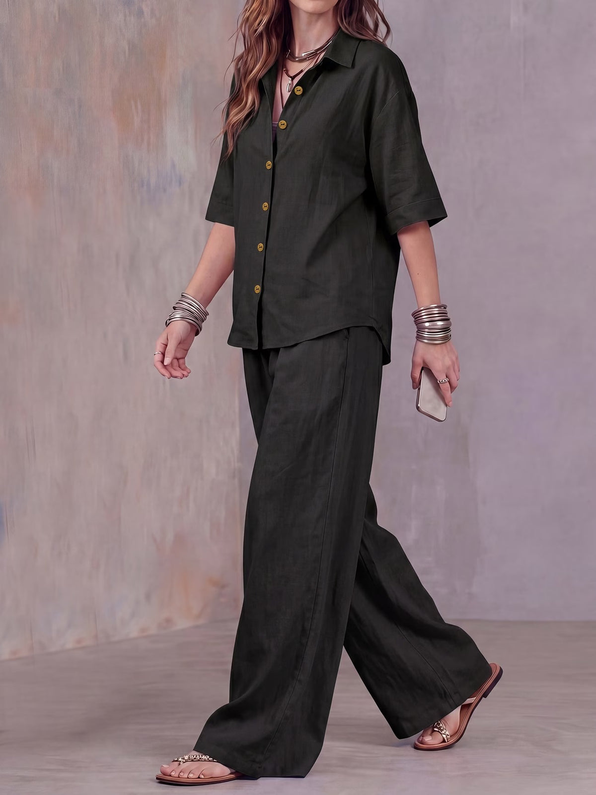 Women’s Lightweight Lapel Top & Elastic-Waist Wide-Leg Pants Set