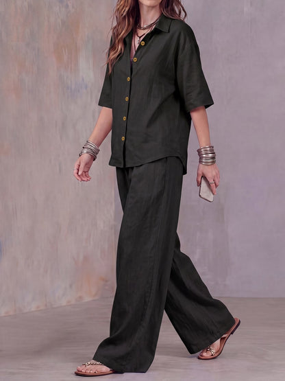 Women’s Lightweight Lapel Top & Elastic-Waist Wide-Leg Pants Set